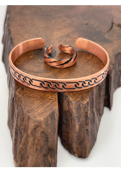 Ayarlanabilir %100 Saf Bakır Bileklik Bakır Yüzük Kombini El Yapımı Bileklik Yüzük