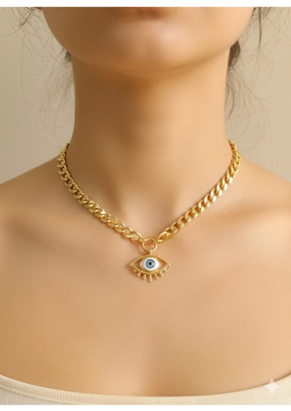 Altın Rengi Çelik Gerçekçi Göz Figürlü Şans Kolyesi Nazar Kolyesi