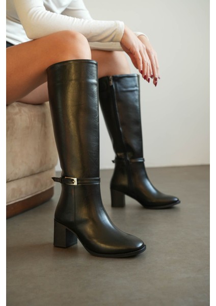 Kadın Luvec Kısa Topuklu Tokalı Çizme - Siyah-Deri