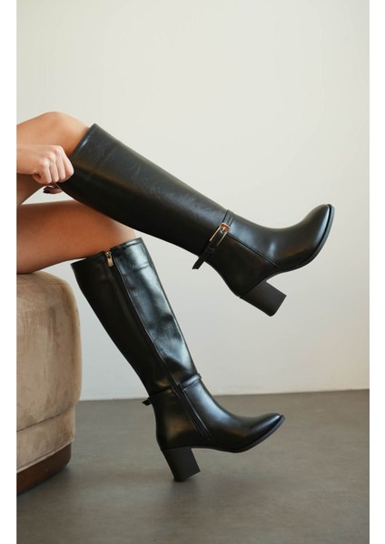 Kadın Luvec Kısa Topuklu Tokalı Çizme - Siyah-Deri fiyatları