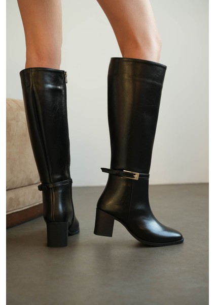 Kadın Luvec Kısa Topuklu Tokalı Çizme - Siyah-Deri fırsatları