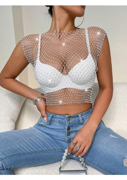 Kolsuz Crop Taş Işlemeli Transparan File Crop Üst – Parti & Kulüp Kombin Aksesuarı