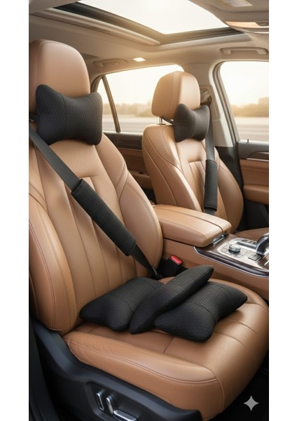 Siyah Kumaş Ortopedik Oto Boyun Yastığı+Bel Yastığı+Emniyet Kemer Pedi