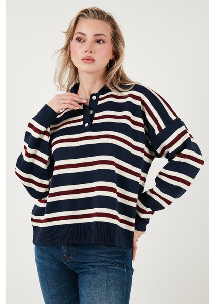 Çizgili Oversize Fit Düğmeli Polo Yaka Kazak Bayan Polo Yaka Kazak 4615259