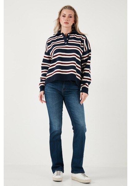 Çizgili Oversize Fit Düğmeli Polo Yaka Kazak Bayan Polo Yaka Kazak 4615259 fiyatları