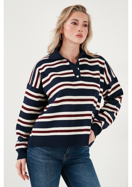 Çizgili Oversize Fit Düğmeli Polo Yaka Kazak Bayan Polo Yaka Kazak 4615259 fırsatları