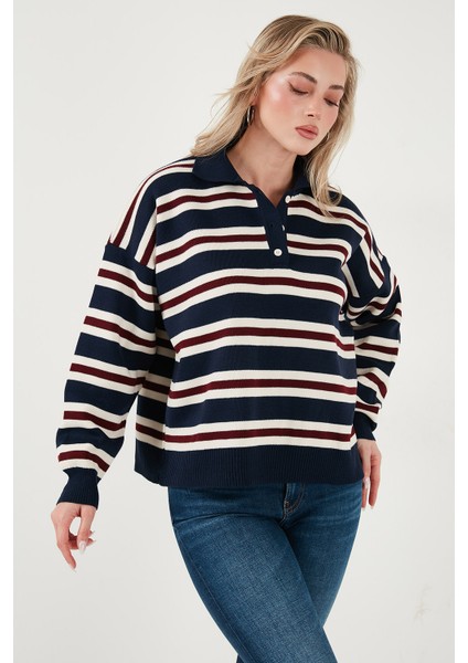 Çizgili Oversize Fit Düğmeli Polo Yaka Kazak Bayan Polo Yaka Kazak 4615259 indirimleri