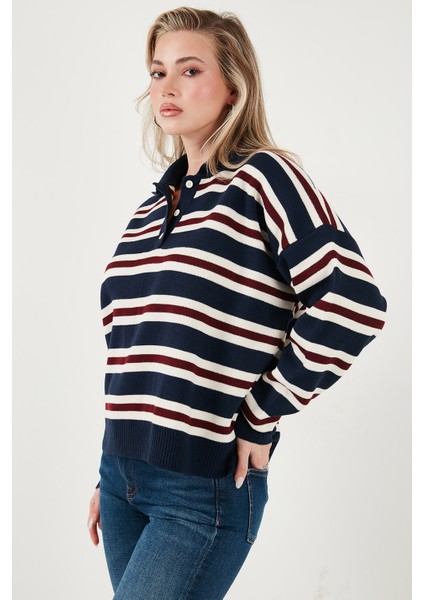 Çizgili Oversize Fit Düğmeli Polo Yaka Kazak Bayan Polo Yaka Kazak 4615259