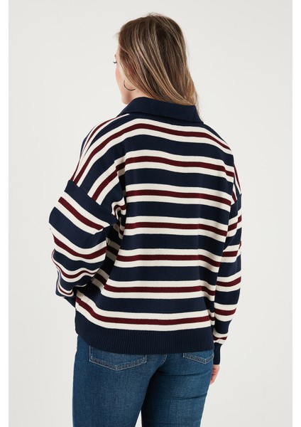 Çizgili Oversize Fit Düğmeli Polo Yaka Kazak Bayan Polo Yaka Kazak 4615259