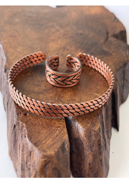 Ayarlanabilir %100 Saf Bakır Bileklik Bakır Yüzük Kombini El Yapımı Bileklik Yüzük