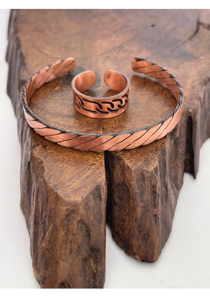 Ayarlanabilir %100 Saf Bakır Bileklik Bakır Yüzük Kombini El Yapımı Bileklik Yüzük