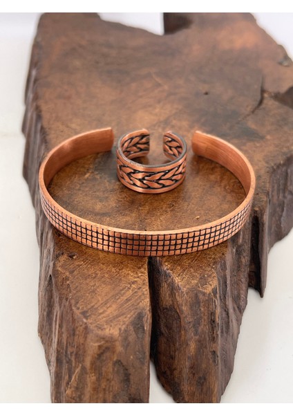 Ayarlanabilir %100 Saf Bakır Bileklik Bakır Yüzük Kombini El Yapımı Bileklik Yüzük