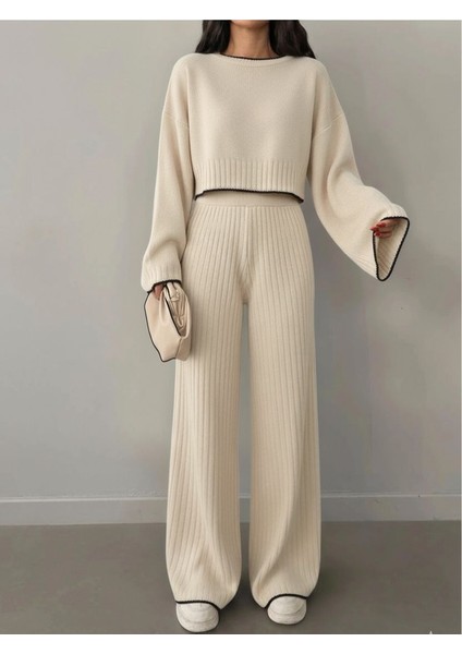 Kadın Fitilli Triko Takım – Geniş Paça Pantolon & Crop Üst – Rahat Kalıp