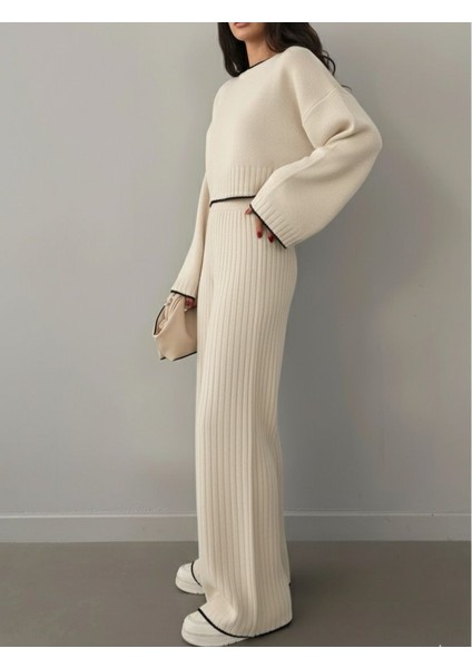 Kadın Fitilli Triko Takım – Geniş Paça Pantolon & Crop Üst – Rahat Kalıp fiyatları