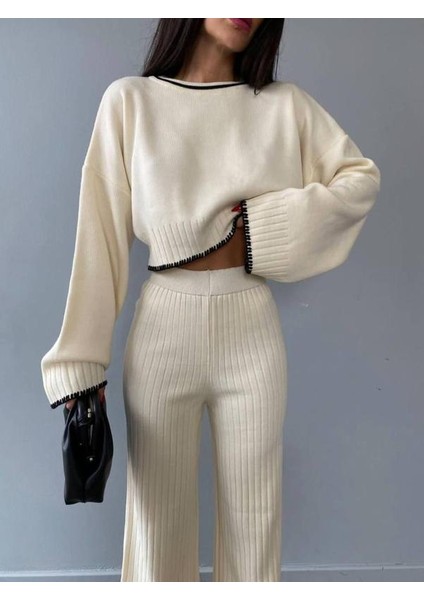 Kadın Fitilli Triko Takım – Geniş Paça Pantolon & Crop Üst – Rahat Kalıp modelleri
