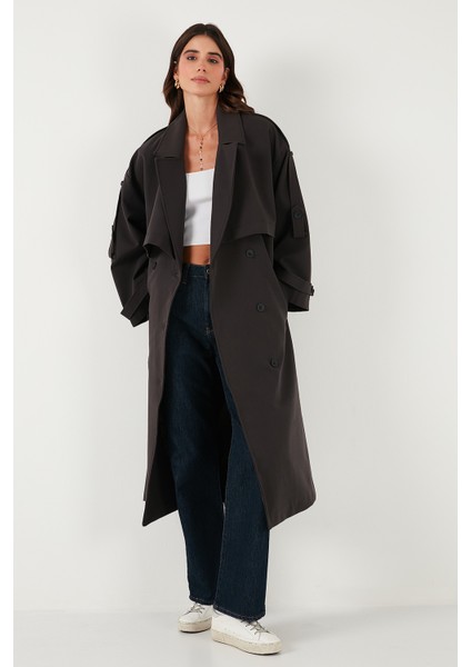 Oversize Fit Kruvaze Yaka Düğmeli Kemerli Uzun Trençkot Bayan Trençkot 6839476 fırsatları