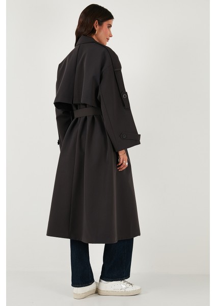 Oversize Fit Kruvaze Yaka Düğmeli Kemerli Uzun Trençkot Bayan Trençkot 6839476