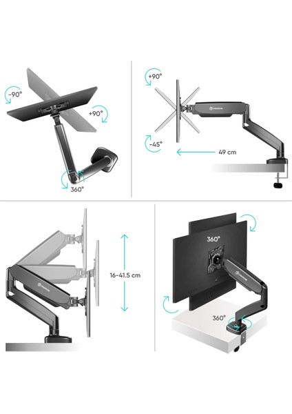 Ayarlanabilir Gazlı Yay Monitör Kolu – 13-34″ Düz/kavisli Ekranlar Için Tam Hareketli Masa Montajı (Vesa 75×75 / 100×100) modelleri