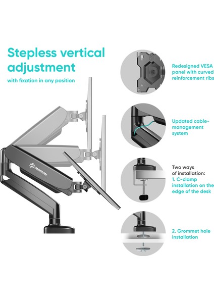 Ayarlanabilir Gazlı Yay Monitör Kolu – 13-34″ Düz/kavisli Ekranlar Için Tam Hareketli Masa Montajı (Vesa 75×75 / 100×100)
