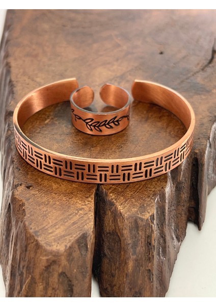 Ayarlanabilir %100 Saf Bakır Bileklik Bakır Yüzük Kombini El Yapımı Bileklik Yüzük