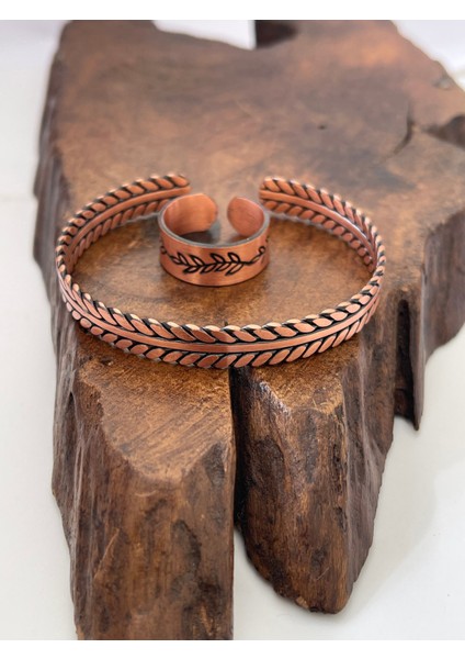 Ayarlanabilir %100 Saf Bakır Bileklik Bakır Yüzük Kombini El Yapımı Bileklik Yüzük