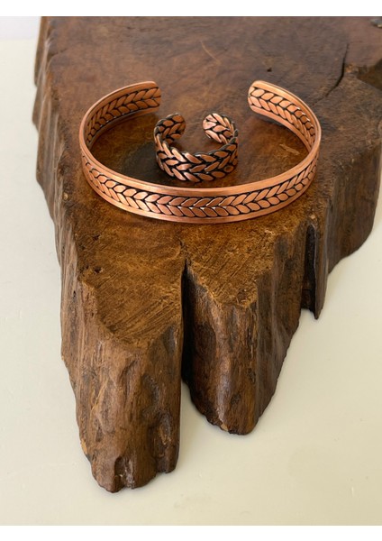 Ayarlanabilir %100 Saf Bakır Bileklik Bakır Yüzük Kombini El Yapımı Bileklik Yüzük