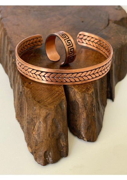 Ayarlanabilir %100 Saf Bakır Bileklik Bakır Yüzük Kombini El Yapımı Bileklik Yüzük