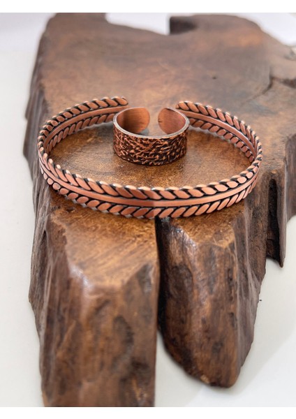 Ayarlanabilir %100 Saf Bakır Bileklik Bakır Yüzük Kombini El Yapımı Bileklik Yüzük