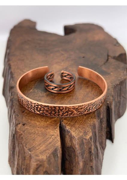 Ayarlanabilir %100 Saf Bakır Bileklik Bakır Yüzük Kombini El Yapımı Bileklik Yüzük