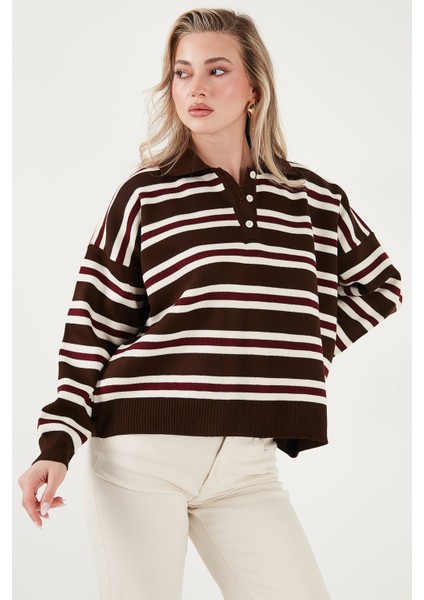 Çizgili Oversize Fit Düğmeli Polo Yaka Kazak Bayan Polo Yaka Kazak 4615259