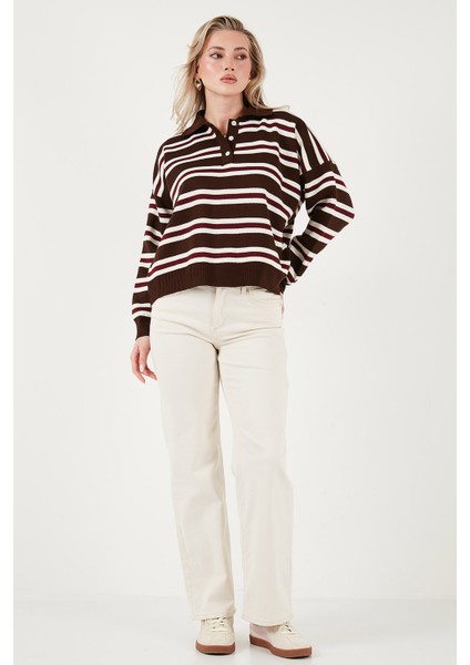 Çizgili Oversize Fit Düğmeli Polo Yaka Kazak Bayan Polo Yaka Kazak 4615259 fiyatları