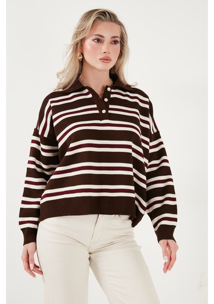 Çizgili Oversize Fit Düğmeli Polo Yaka Kazak Bayan Polo Yaka Kazak 4615259 modelleri