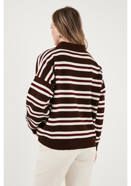 Çizgili Oversize Fit Düğmeli Polo Yaka Kazak Bayan Polo Yaka Kazak 4615259