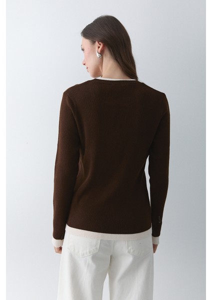 Koyu Tarçın - Krem 2 Patlı Düğmeli Kazak - 251023 fırsatları