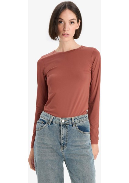 Slim Fit Dar Kesim Bisiklet Yaka Basic Düz Uzun Kollu Tişört D3756AX25AU