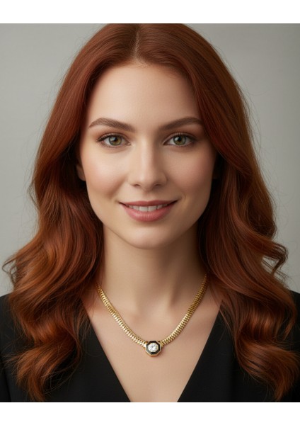 Altın Renk Taşlı Kolye Bijuteri Çelik Kolye-Lüks Gerdanlık Kolye