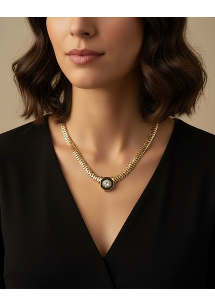 Altın Renk Taşlı Kolye Bijuteri Çelik Kolye-Lüks Gerdanlık Kolye modelleri