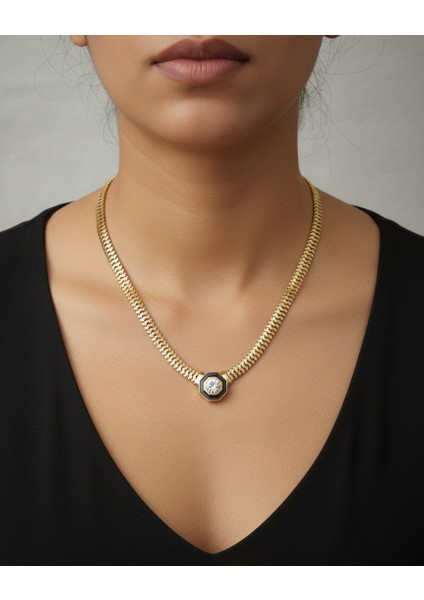 Altın Renk Taşlı Kolye Bijuteri Çelik Kolye-Lüks Gerdanlık Kolye fırsatları