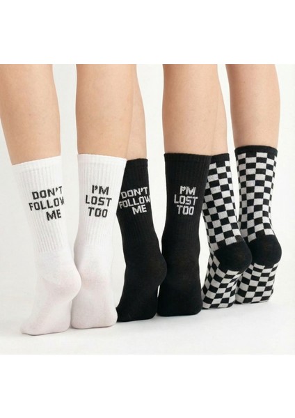 Unisex 3'lü Set Yazılı ve Damalı Siyah Beyaz Pamuklu Spor Kolej Soket Çorap