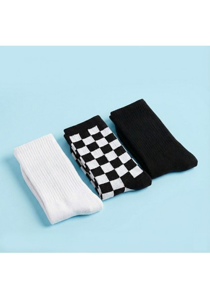 Unisex 3'lü Set Yazılı ve Damalı Siyah Beyaz Pamuklu Spor Kolej Soket Çorap fiyatları