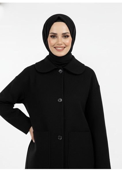 Üstten Çift Cepli Kaşe Kaban-Siyah