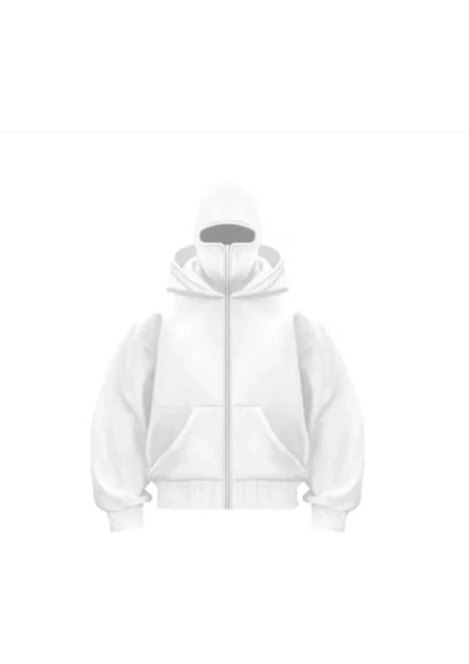 Samuray Ninja Çift Kapşonlu Zıp Fermuarlı Kanguru Çepli Tam Fermuarlı Hoodie Swetshirt - Beyaz