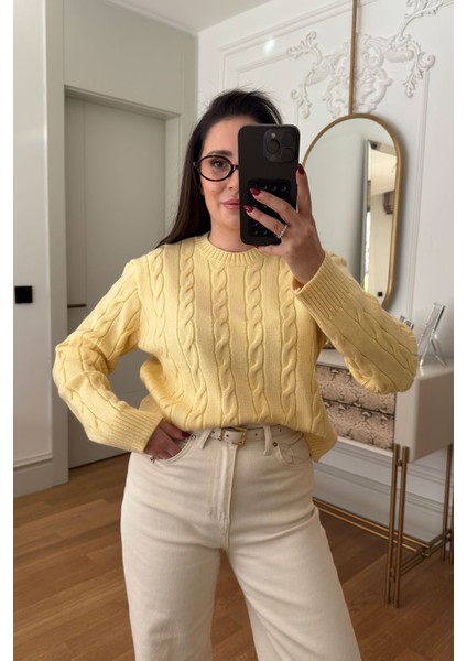 Saç Örgü Detaylı Tasarım Kazak- Sarı fiyatları