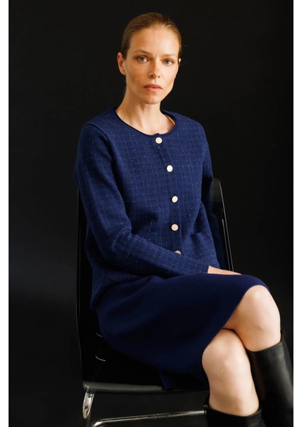 Kadın Kareli Simli Ceket 25065 Lacivert