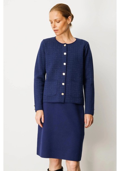 Kadın Kareli Simli Ceket 25065 Lacivert fiyatları
