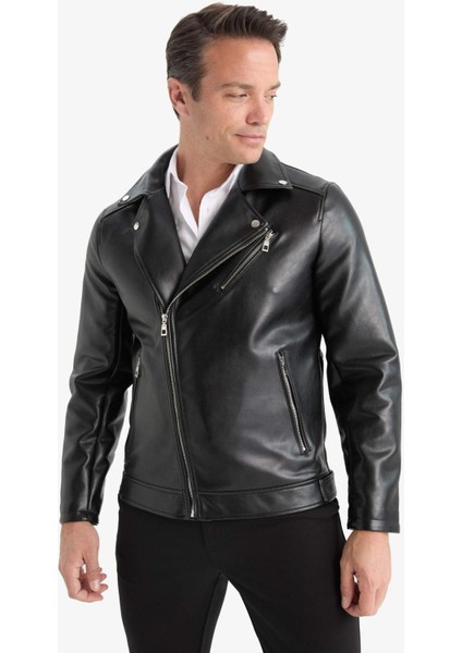 Su Ve Rüzgar İtici Slim Fit Dar Kesim Mevsimlik Astarlı Fermuarlı İç Cepli Suni Deri Biker Mont C5715AX25AU