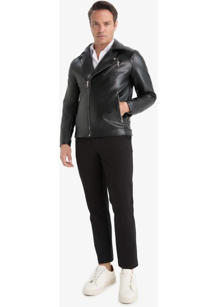 Su Ve Rüzgar İtici Slim Fit Dar Kesim Mevsimlik Astarlı Fermuarlı İç Cepli Suni Deri Biker Mont C5715AX25AU