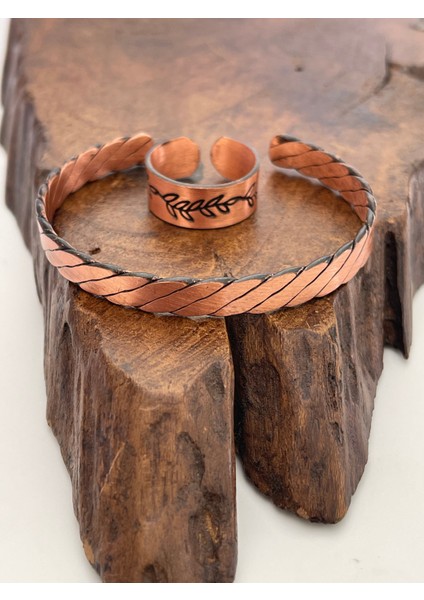 Ayarlanabilir %100 Saf Bakır Bileklik Bakır Yüzük Kombini El Yapımı Bileklik Yüzük