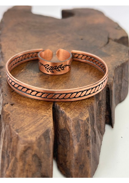 Ayarlanabilir %100 Saf Bakır Bileklik Bakır Yüzük Kombini El Yapımı Bileklik Yüzük