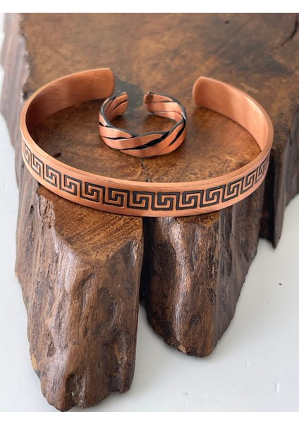 Ayarlanabilir %100 Saf Bakır Bileklik Bakır Yüzük Kombini El Yapımı Bileklik Yüzük